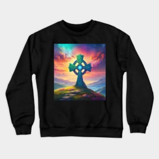 Colorful Ancient Fantasy Celtic Cross set into a grassy hill overlooking mountains. Crewneck Sweatshirt